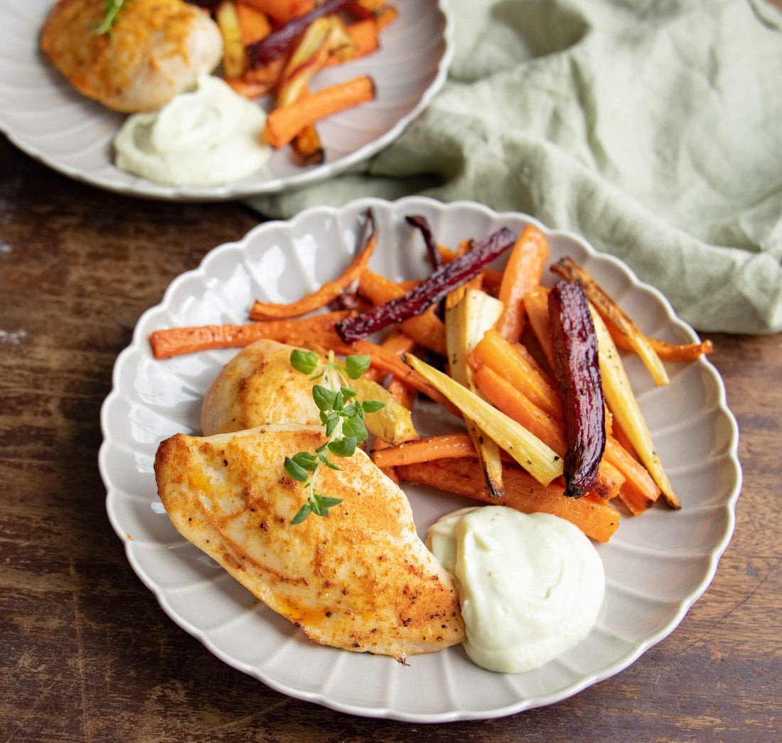 Baked Chicken Breast with Root Vegetable Fries & Avocado Dip Recipe