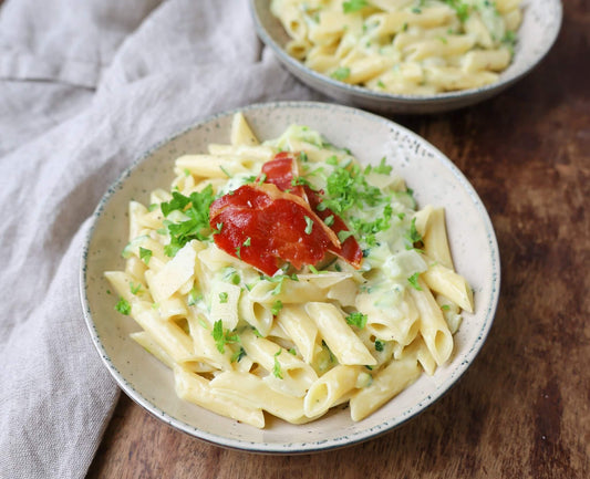 Creamy Pasta with Zucchini and Crispy Fried Serrano Recipe