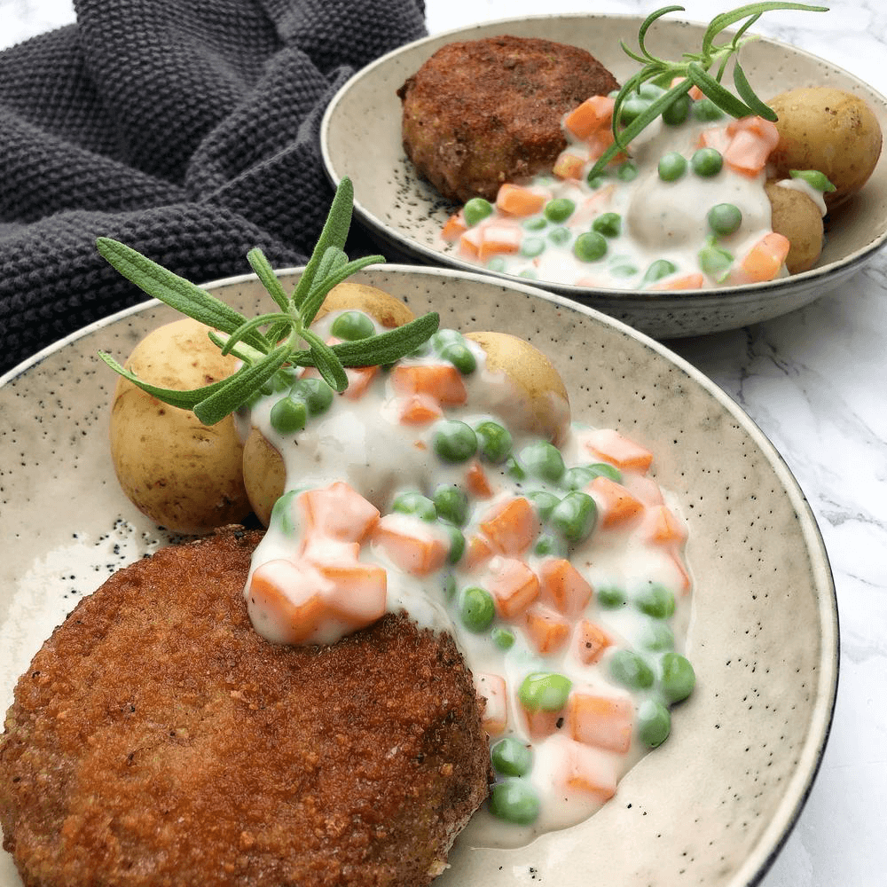 Crispy Breaded Pork Patties with Stewed Carrots and Peas Recipe