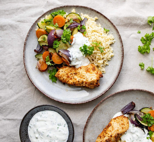 Greek Chicken with Bulgur and Baked Vegetables Recipe