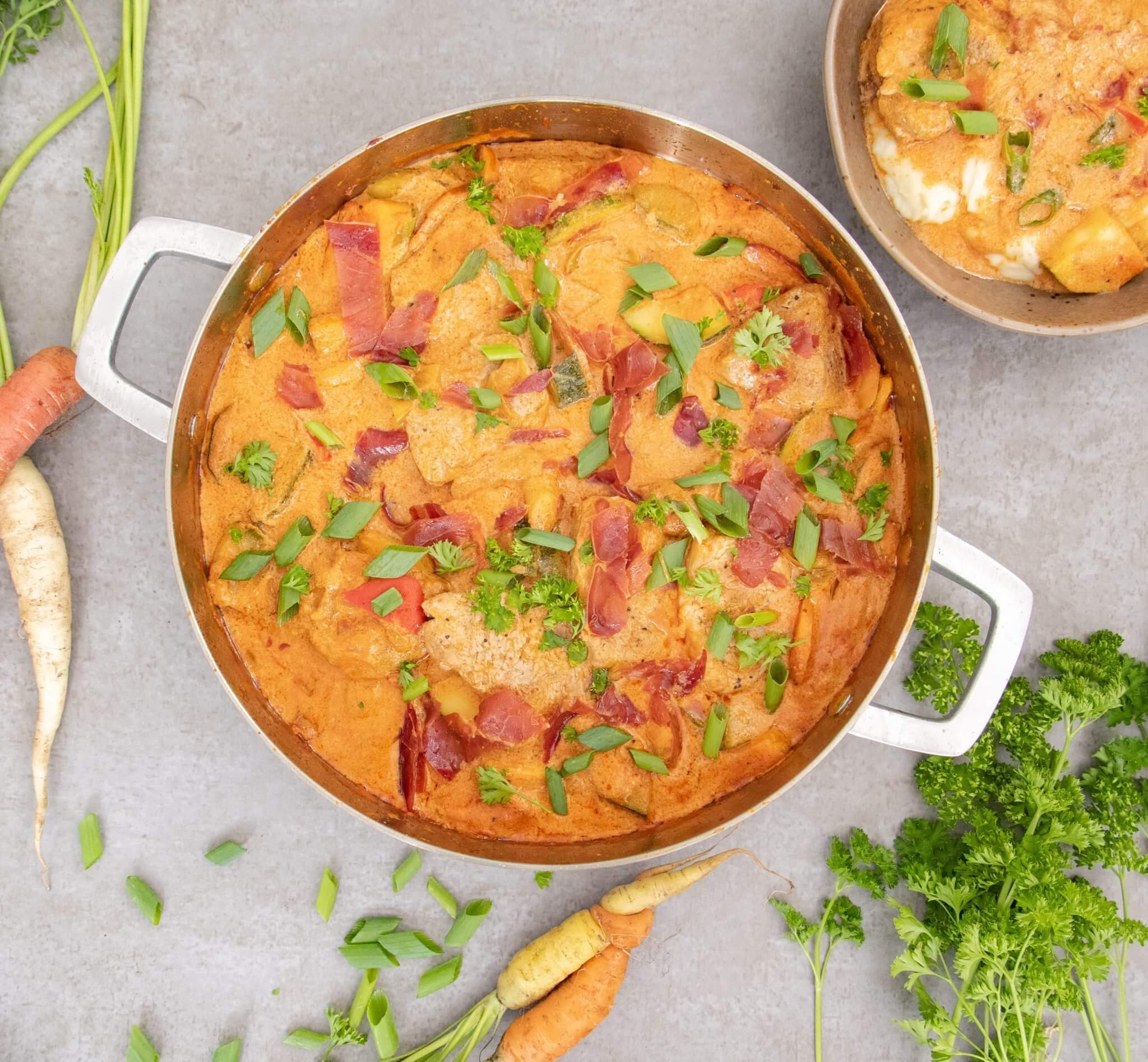 Pork Tenderloin with Vegetables in Creamy Paprika Sauce with