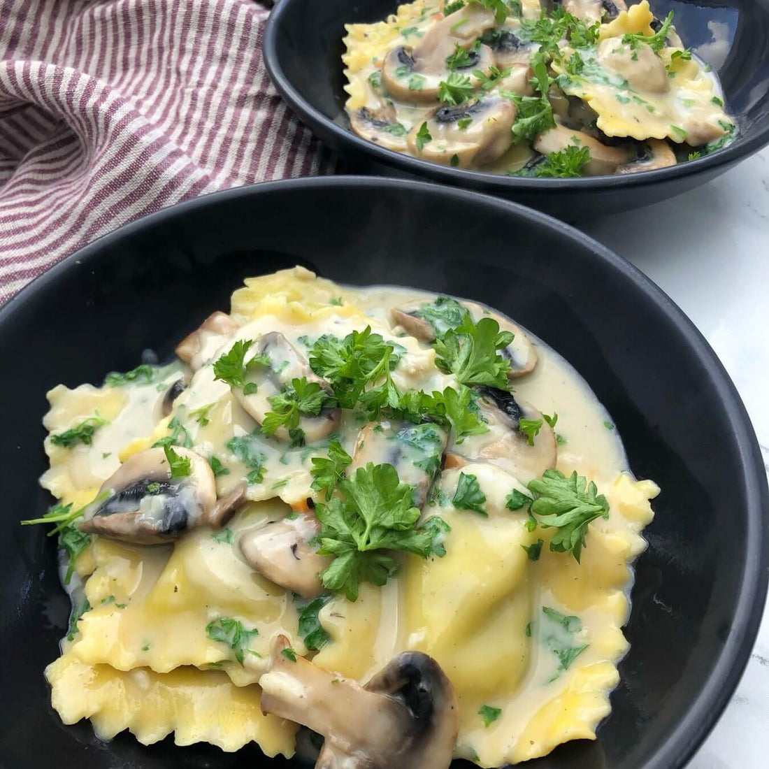 Spinach & Ricotta Ravioli in Creamy Mushroom Sauce Recipe
