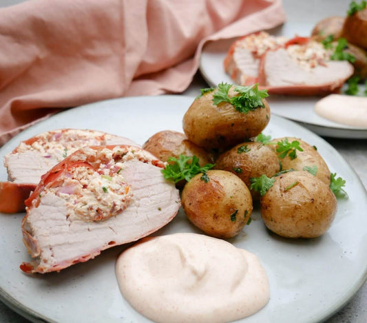 Sun Dried Tomato & Feta Stuffed Tenderloin with Butter Fried Potatoes Recipe