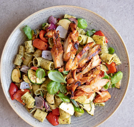 Summer Pasta Salad with Boneless Grilled BBQ Chicken Thighs Recipe