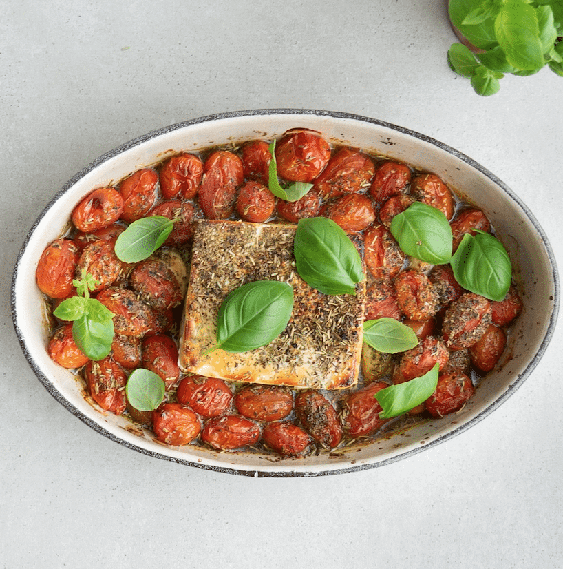 Trendy vegetarian TikTok pasta with baked feta cheese