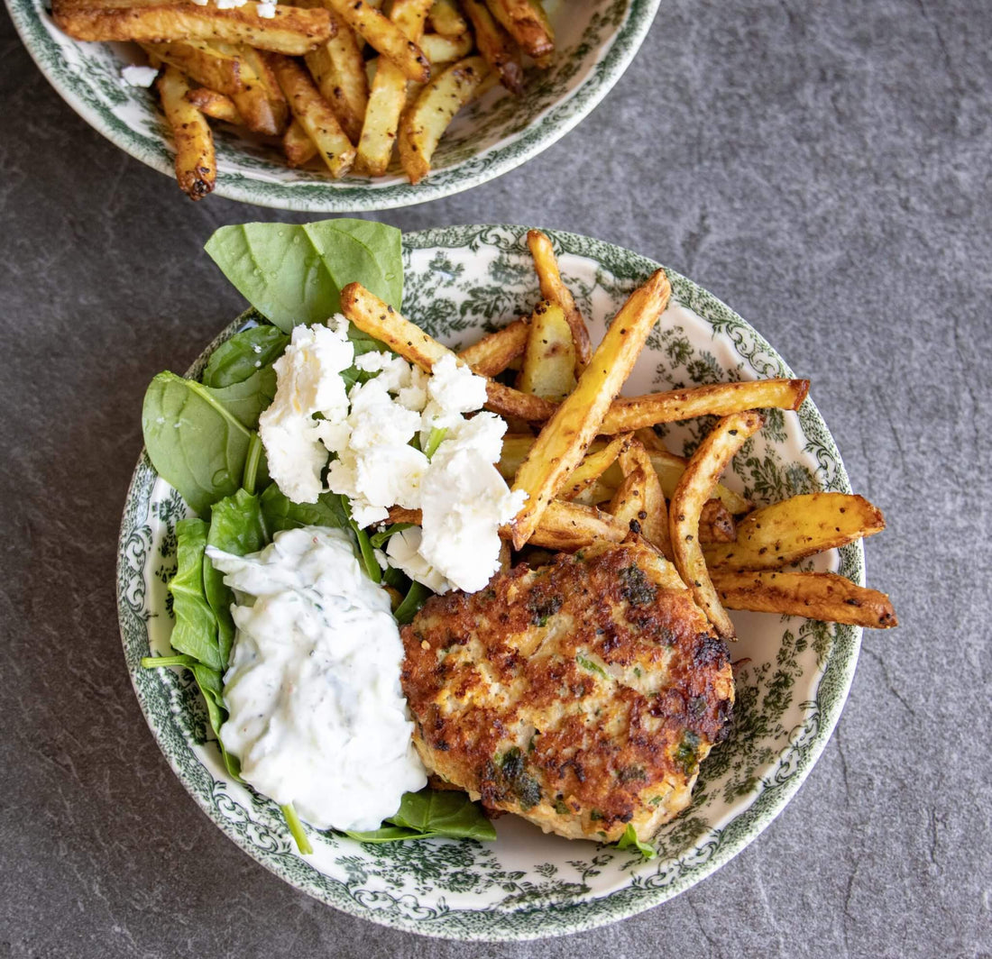Greek Bowl with Chicken Steak, Fries and Tzatziki Healthy Dinner Recipe