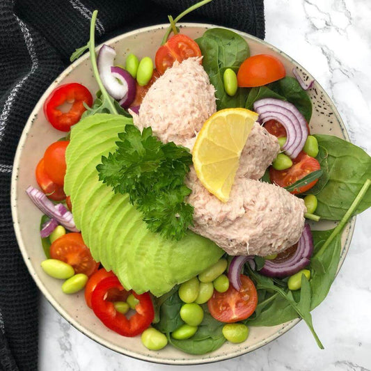 Easy Tuna Salad Bowl with Avocado, Edamame, and  Cherry Tomatoes