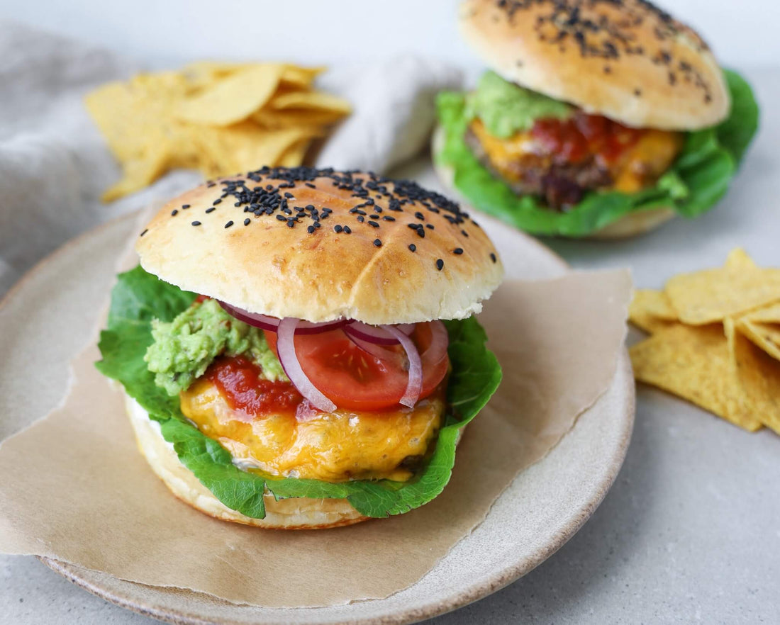 Easy dinner recipes for Mexican burgers with homemade buns and guacamole