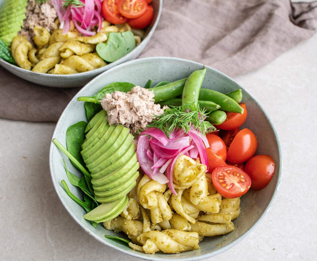 Pasta Salad Bowl with Homemade Tuna Salad and Avocado Recipe