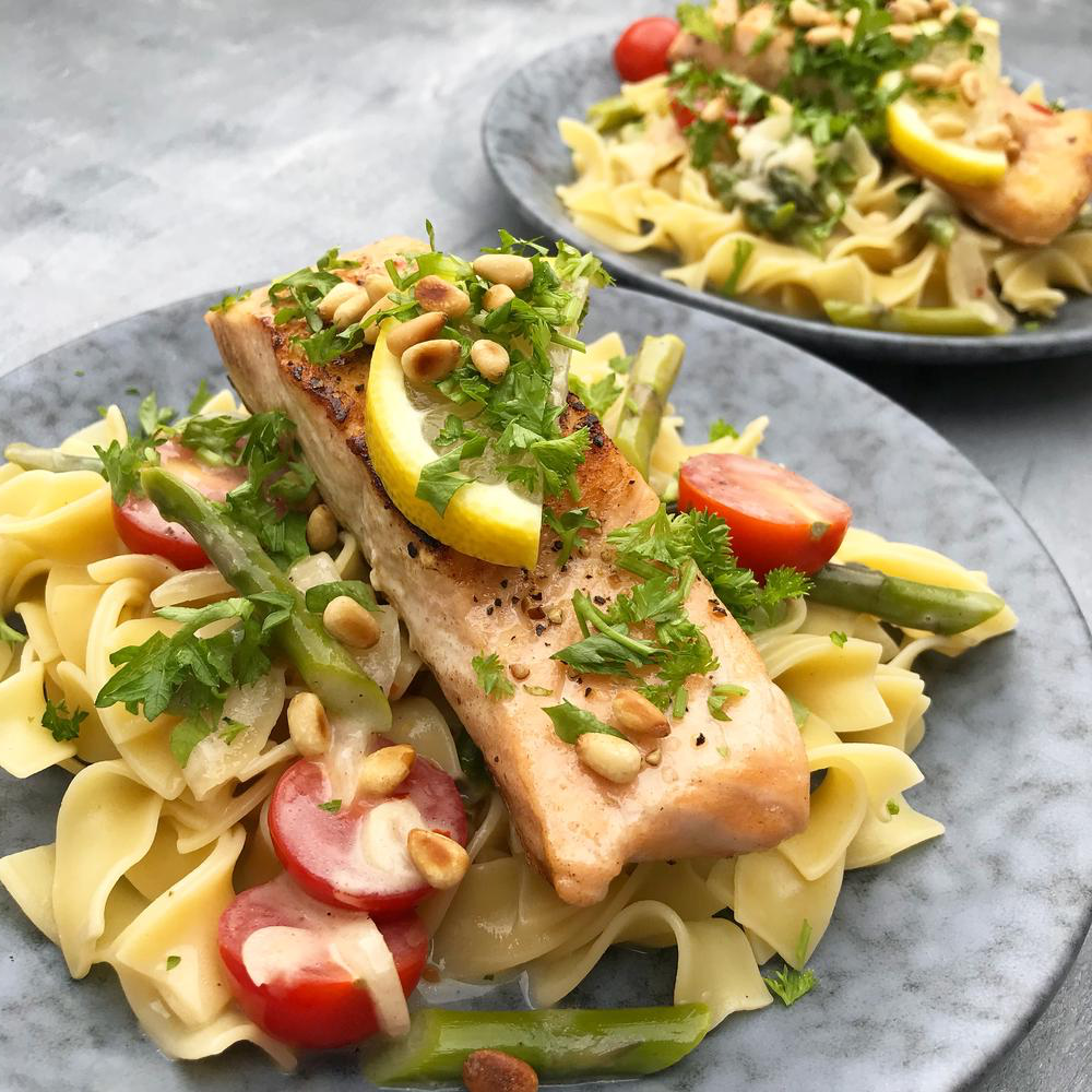 Salmon Pasta with Asparagus and Roasted Pine Nuts Recipe