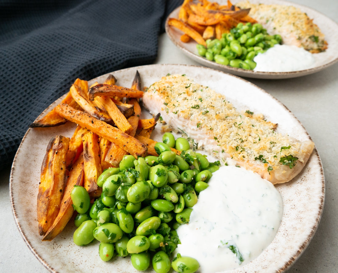 Salmon with Crispy Topping and Sweet Potato Fries