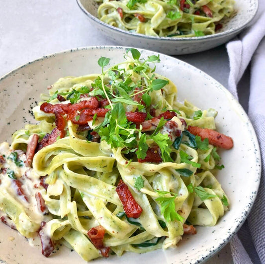 Easy Dinner Recipe for Creamy Fettuccine with  Bacon & Spinach