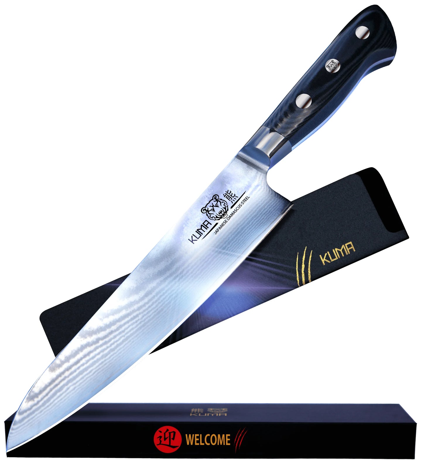 A KUMA brand Japanese Damascus steel chef's knife with an 8-inch blade, showcasing the fine layered pattern of the steel and a black handle with a minimal bolster design.
