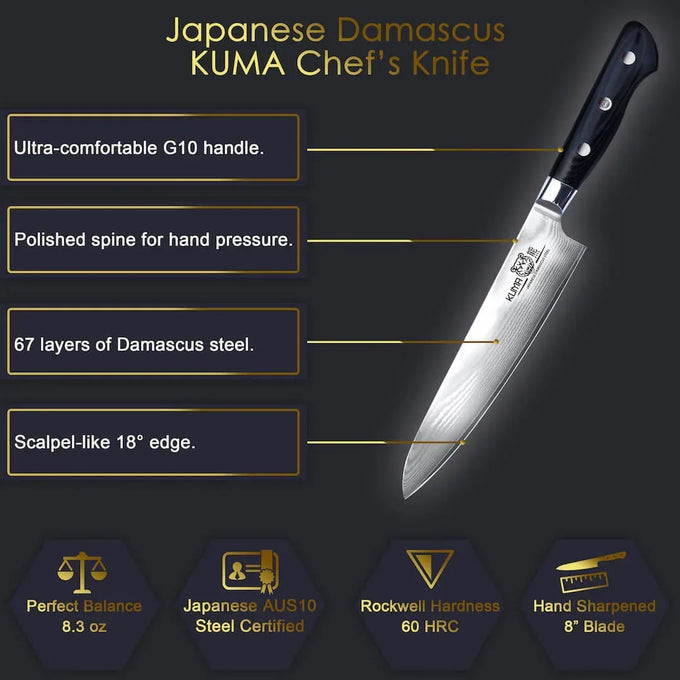 KUMA Japanese Damascus Steel Chef's Knife - 8” Premium Hardened AUS10