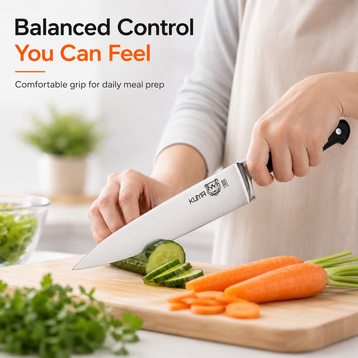 KUMA Chef Knife balanced control during vegetable prep