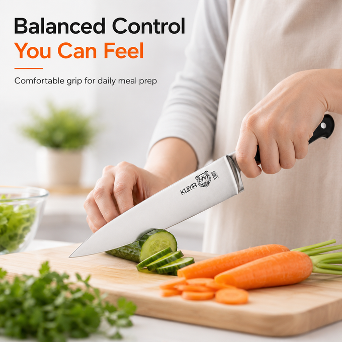 KUMA Chef Knife balanced control during vegetable prep