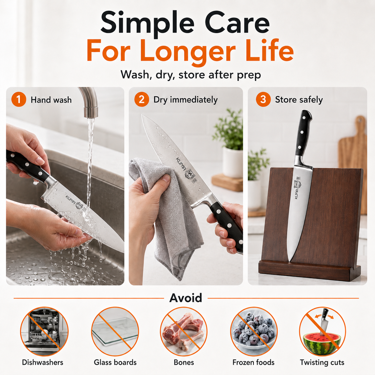 KUMA Chef Knife care guide: hand wash, dry immediately, store safely