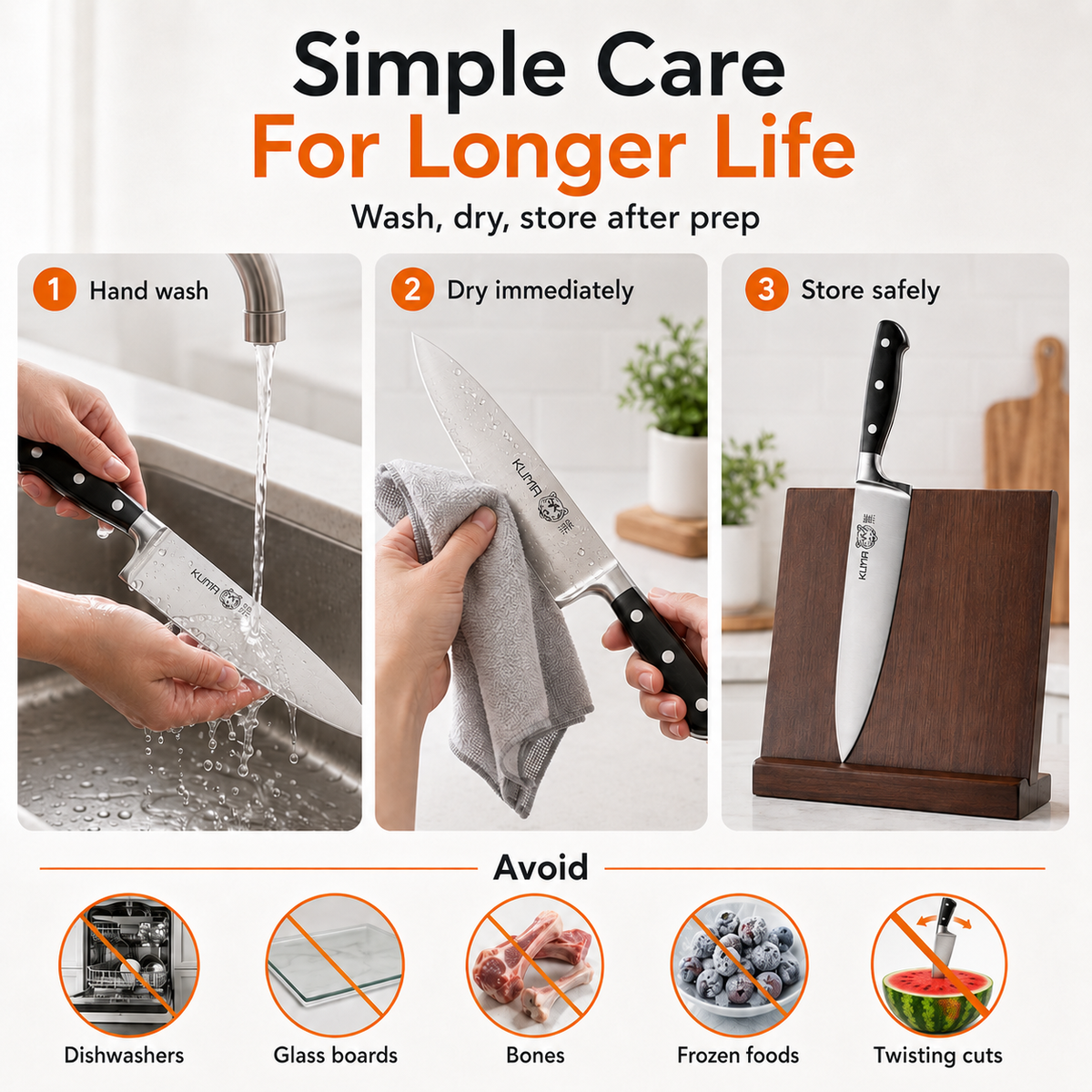 KUMA Chef Knife care guide: hand wash, dry immediately, store safely