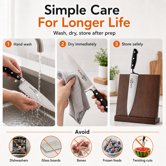 KUMA Chef Knife care guide: hand wash, dry immediately, store safely