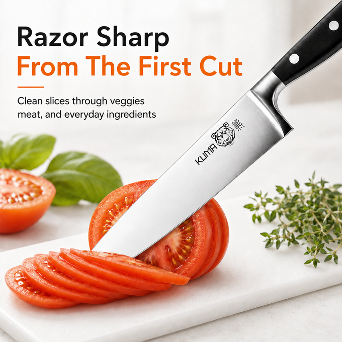 KUMA Chef Knife slicing tomato cleanly