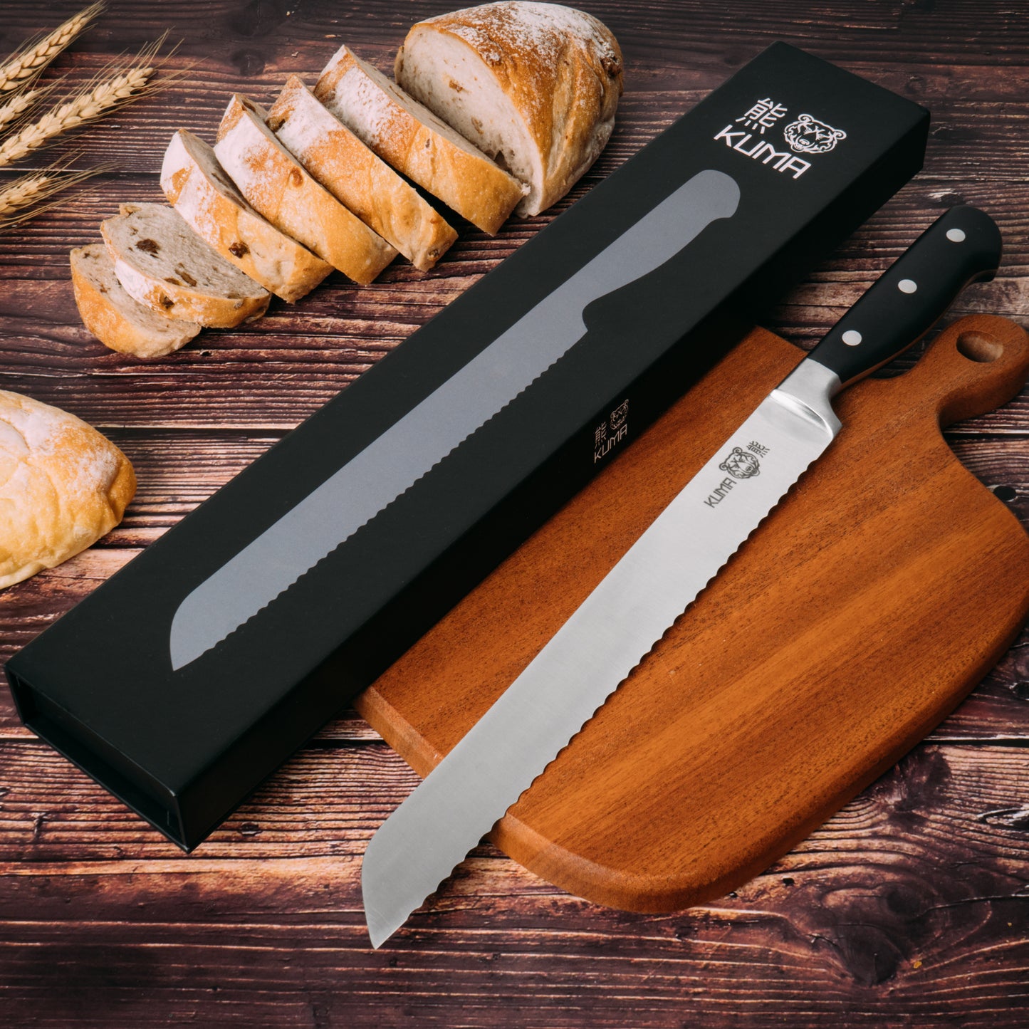 KUMA Fine Serrated Bread Knife Classic - 10" Flexible Blade For Real Slicing - Cut Without Ruining Loaf